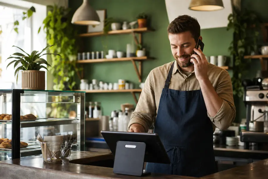 Small business owner working at a till